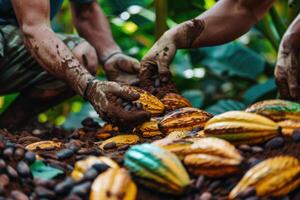 ai généré cacao haricot récolte processus, cacao haricot plantations photo