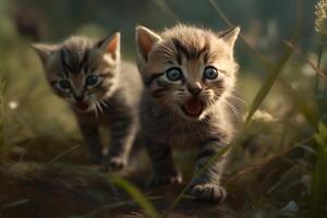 ai généré mignonne peu chatons dans le herbe dans la nature. neural réseau ai généré photo