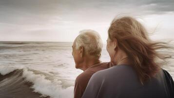 ai généré ai généré image. insouciant Sénior personnes âgées couple relaxant suivant à le océan photo