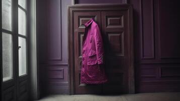 ai généré image. Profond magenta manteau en volant suivant à le fenêtre dans classique intérieur.tiff photo