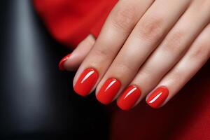 ai généré charme femme main avec classique rouge clou polonais sur sa les ongles. rouge clou manucure avec gel polonais à luxe beauté salon. clou art et conception. femelle main modèle. français manucure. photo