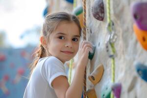 ai généré mignonne peu fille escalade sur une escalade mur. photo