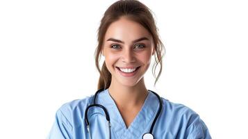 ai généré portrait de souriant Jeune médecin avec stéthoscope isolé sur blanc Contexte. photo