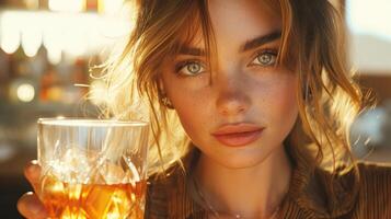 ai généré fermer vue de soif femme en portant verre de whisky boire. photo