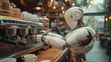 ai généré une robot barista est fabrication café à une café magasin. photo