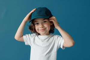 ai généré mignonne garçon dans blanc T-shirt et casquette. des gamins T-shirt maquette. photo