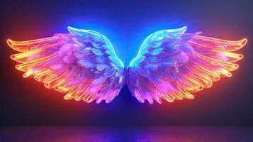 ai généré 3d paire de ailes dans néon lumière sur une foncé Contexte. photo