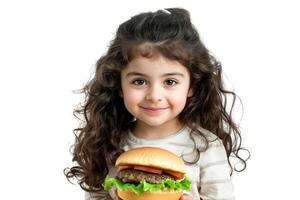 ai généré peu fille avec frisé cheveux en mangeant une Hamburger isolé sur blanc Contexte. photo