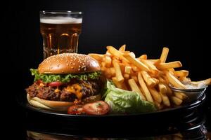 ai généré Burger, français frites, Bière boisson sur noir Contexte photo