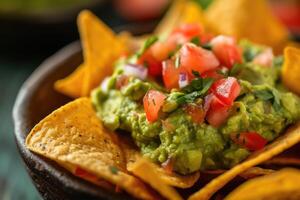 ai généré fermer Avocat guacamole tremper avec tortilla frites Nachos photo