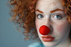 ai généré avril imbéciles journée bannière, marrant pitre cirque interprète, frisé rouge aux cheveux fille avec une pitre nez photo