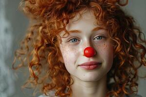 ai généré avril imbéciles journée bannière, marrant pitre cirque interprète, frisé rouge aux cheveux fille avec une pitre nez photo