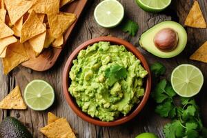 ai généré fermer Avocat guacamole tremper avec tortilla frites Nachos photo