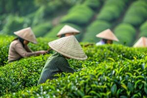 ai généré femelle ouvriers collecte récoltes thé feuilles par main à thé plantation photo