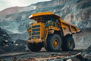 ai généré grand carrière déverser un camion dans exploiter, carrière. chargement et transport minéraux photo