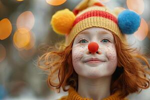 ai généré avril imbéciles journée bannière, marrant pitre cirque interprète, frisé rouge aux cheveux fille avec une pitre nez photo