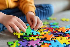 ai généré mains de un autistique enfant tenir une coloré puzzle. monde autisme conscience journée photo