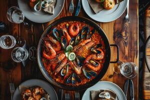 ai généré traditionnel Espagnol Paëlla avec fruit de mer, poulet, riz et des légumes servi dans une la poêle photo