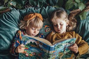 ai généré enfants en train de lire une livre ensemble. international enfants livre journée photo