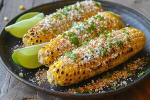 ai généré élotes, grillé mexicain rue blé sur le épi avec cotija fromage, le Chili poudre, Mayonnaise photo