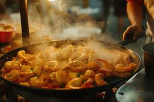 ai généré traditionnel Espagnol Paëlla avec fruit de mer, poulet, riz et des légumes servi dans une la poêle photo