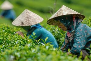 ai généré femelle ouvriers collecte récoltes thé feuilles par main à thé plantation photo