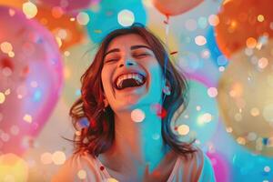 ai généré femme en riant, entouré par vibrant des ballons et confettis, avril imbéciles jour, anniversaire, vacances photo