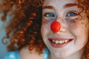 ai généré avril imbéciles journée bannière, marrant pitre cirque interprète, frisé rouge aux cheveux fille avec une pitre nez photo