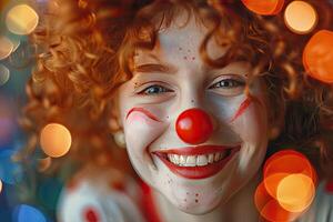 ai généré avril imbéciles journée bannière, marrant pitre cirque interprète, frisé rouge aux cheveux fille avec une pitre nez photo