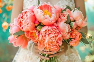 ai généré proche en haut femme mains en portant bouquet de rose pivoine fleurs photo