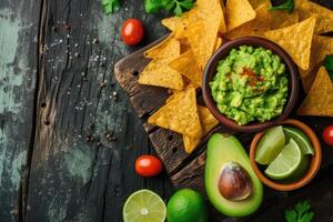 ai généré fermer Avocat guacamole tremper avec tortilla frites Nachos photo