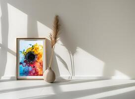 ai généré le pièce décoré dans une minimaliste style avec image cadres et peintures est Stupéfiant. photo