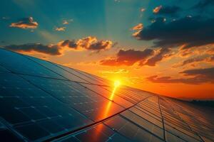 ai généré solaire panneau pour alternative électricité dans le coucher du soleil lumière photo