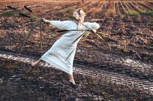 de bonne humeur Jeune femme avec roseaux danses dans coloré fumée dans une champ. photo