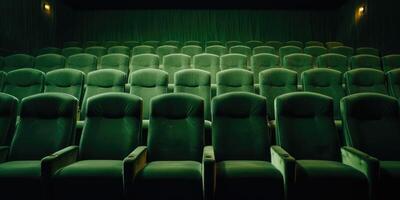 ai généré rétro vert théâtre siège dans un vide lieu. rangée de ancien vert chaises de cinéma. de face voir. génératif ai photo