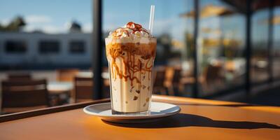 ai généré glacé café verre avec fouetté crème. caramel la glace boire. du froid cappuccino avec lait. cool latté, caféine boisson sur tableau. photo