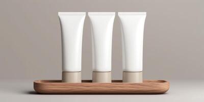 ai généré cosmétique tube dans en bois plateau maquette ensemble. Crème hydratante emballer, peau se soucier crème. beauté des produits dans blanc récipient. fermer. photo