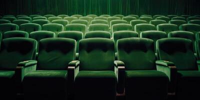 ai généré rangée de ancien vert théâtre siège dans une vide lieu. rétro vert chaises de cinéma dans ligne. de face voir. génératif ai photo