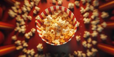 ai généré Haut vue de pop corn sur rouge Contexte. plat allonger de pop blé dans rouge et blanc rayé papier carton seau. génératif ai photo