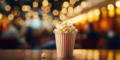 ai généré seau de pop corn dans rouge et blanc rayé sur table avec floue lumières sur Contexte. de face voir. génératif ai photo