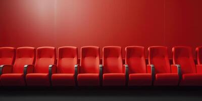 ai généré rouge cinéma des places dans ligne. vide velours chaises pour concert sur rouge Contexte. de face voir. génératif ai photo