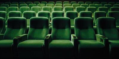 ai généré velours vert théâtre des places arrangé dans Lignes avec doux éclairage. de face vue de ancien vert chaises dans cinéma. génératif ai photo