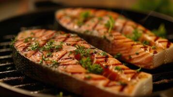 ai généré grillé Saumon steaks avec herbes photo