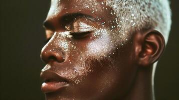 ai généré africain américain homme avec une blanc court la Coupe de cheveux, Créatif maquillage avec paillettes photo