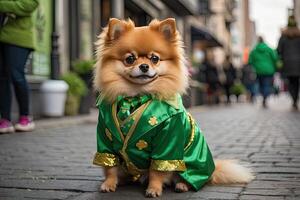 ai généré une gingembre chien de le allemand loulou race dans une vert costume avec trèfle pour le st. patrick's journée vacances sur le rue de le ville. vêtements pour petit races de chiens, faire la fête. ai généré photo