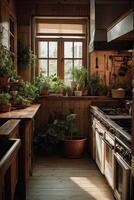 ai généré le intérieur de le style loft cuisine avec beaucoup de vert mis en pot les plantes. vert loger, moderne cuisine. ai généré photo