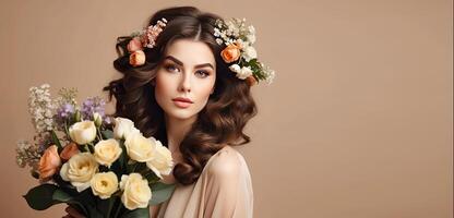 ai généré Jeune brunette femme avec coiffure de printemps fleurs dans sa cheveux sur beige solide Contexte bannière avec copie espace. féminin beauté portrait, se maquiller, coiffure, styliste, féminin énergie. photo