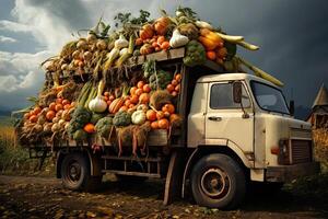 ai généré vieux un camion avec un l'automne récolte de des légumes et herbes sur une plantation - une récolte festival, une bord de la route marché vente Naturel respectueux de la nature ferme des produits. ai généré photo