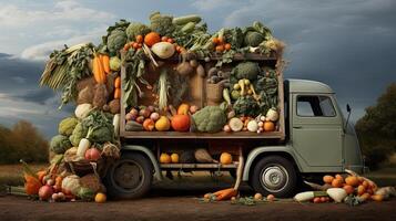 ai généré vieux un camion avec un l'automne récolte de des légumes et herbes sur une plantation - une récolte festival, une bord de la route marché vente Naturel respectueux de la nature ferme des produits. ai généré photo