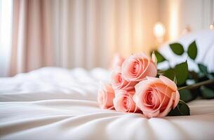 ai généré une bouquet de thé des roses mensonges sur une blanc lit dans une brillant chambre à coucher. une cadeau pour votre bien-aimé, la Saint-Valentin jour, anniversaire, date. copie espace. ai généré photo